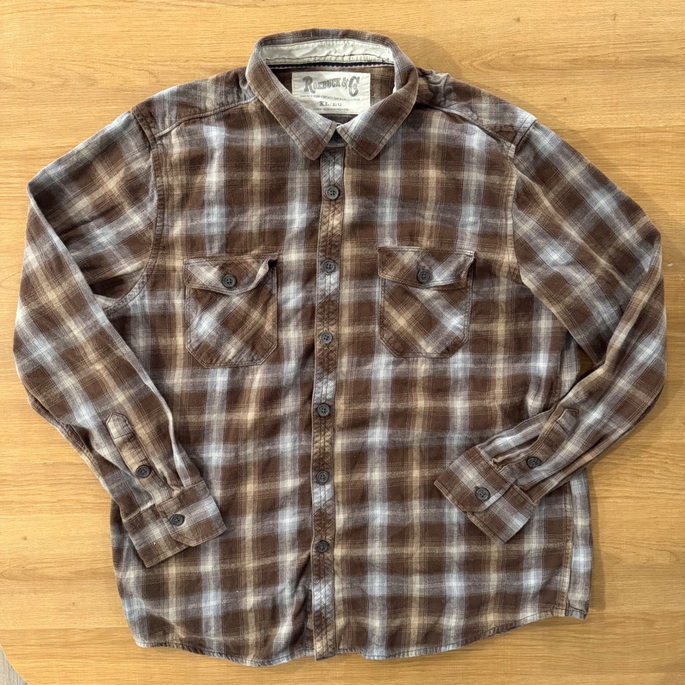 Roebuck & Co Mens XL Flannel Shirt Brown Plaid Long Sleeve Button Up Casual‎